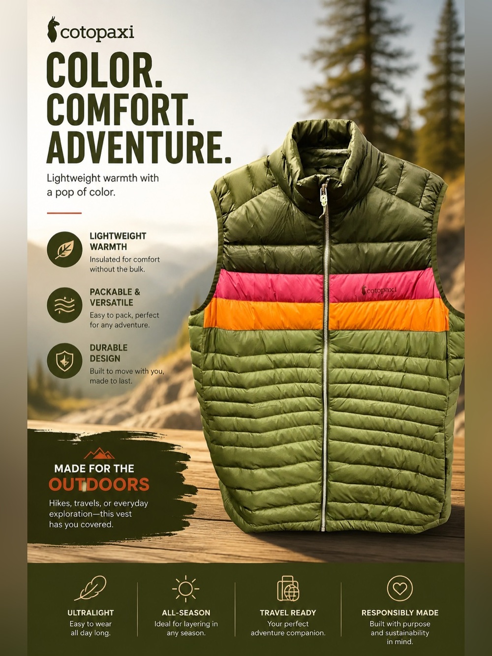 cotopaxi Womenâs Olive Packable Vest with Pink & Orange Stripes